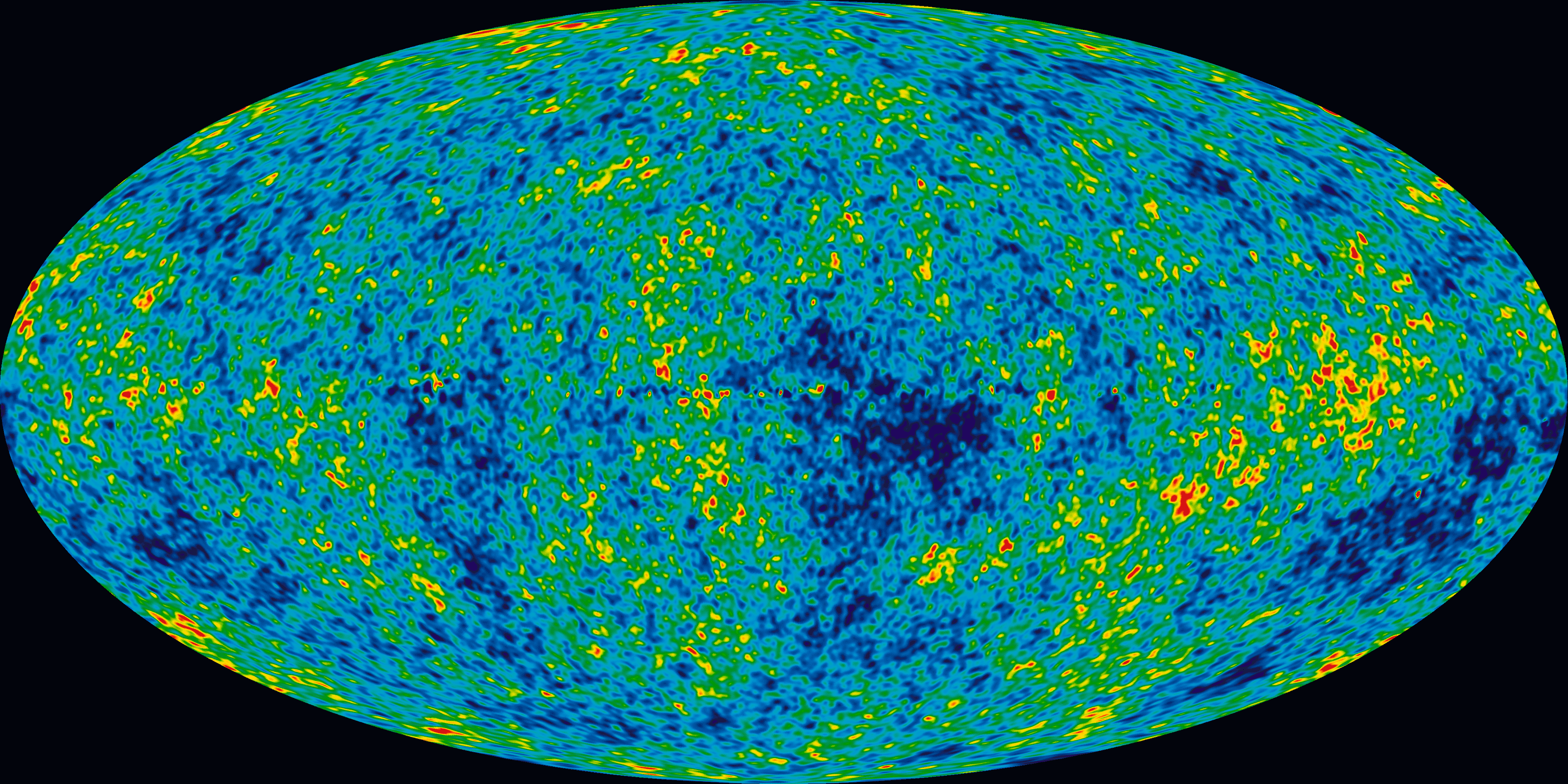Oval full-sky map of the cosmic microwave background from nine years of WMAP data, mottled with tiny temperature differences shown in blue, green, yellow and red.